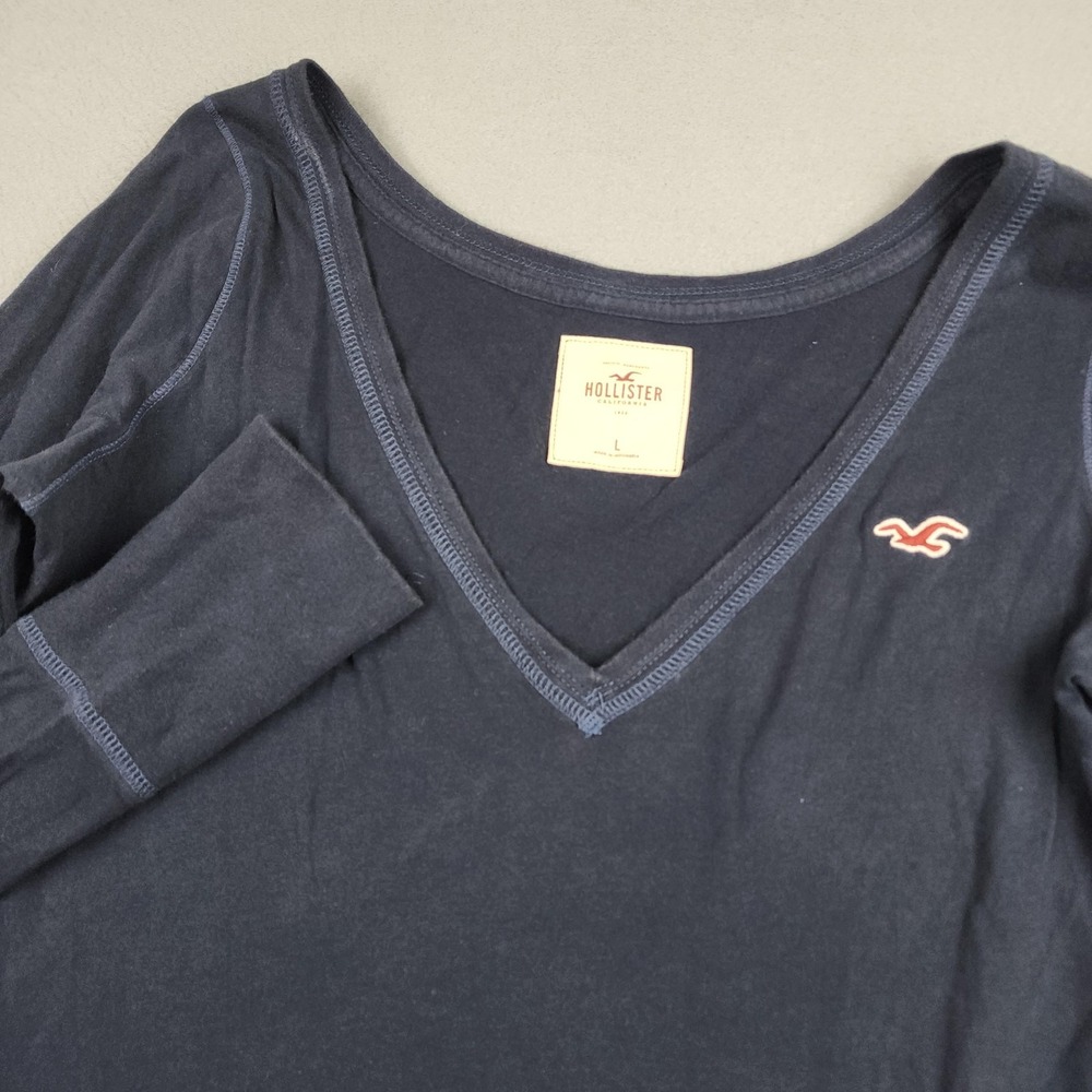 Hollister Babydoll Shirt Womens Large Blue Long Sleeve V Neck Logo Cotton Y2K